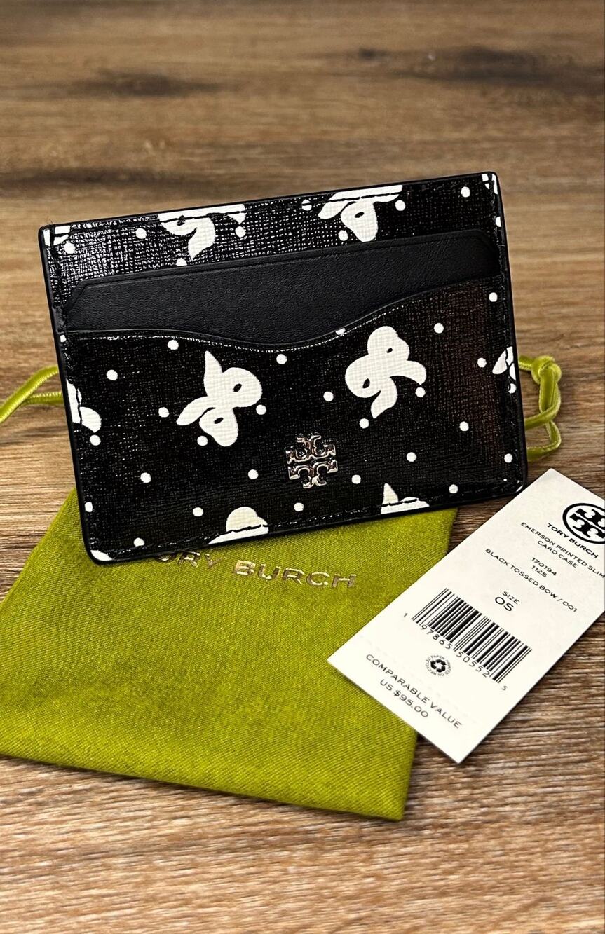 NWT Tory Burch Emerson Printed Slim Card Case Black Tossed Bow Silver